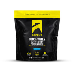 Ascent envase frontal mostrando 4 lb y etiqueta clara, ventaja: transparencia del producto