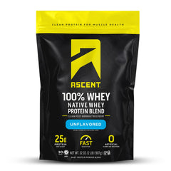 Envase Ascent 100% Whey Protein sin sabor mostrando diseño frontal y beneficios