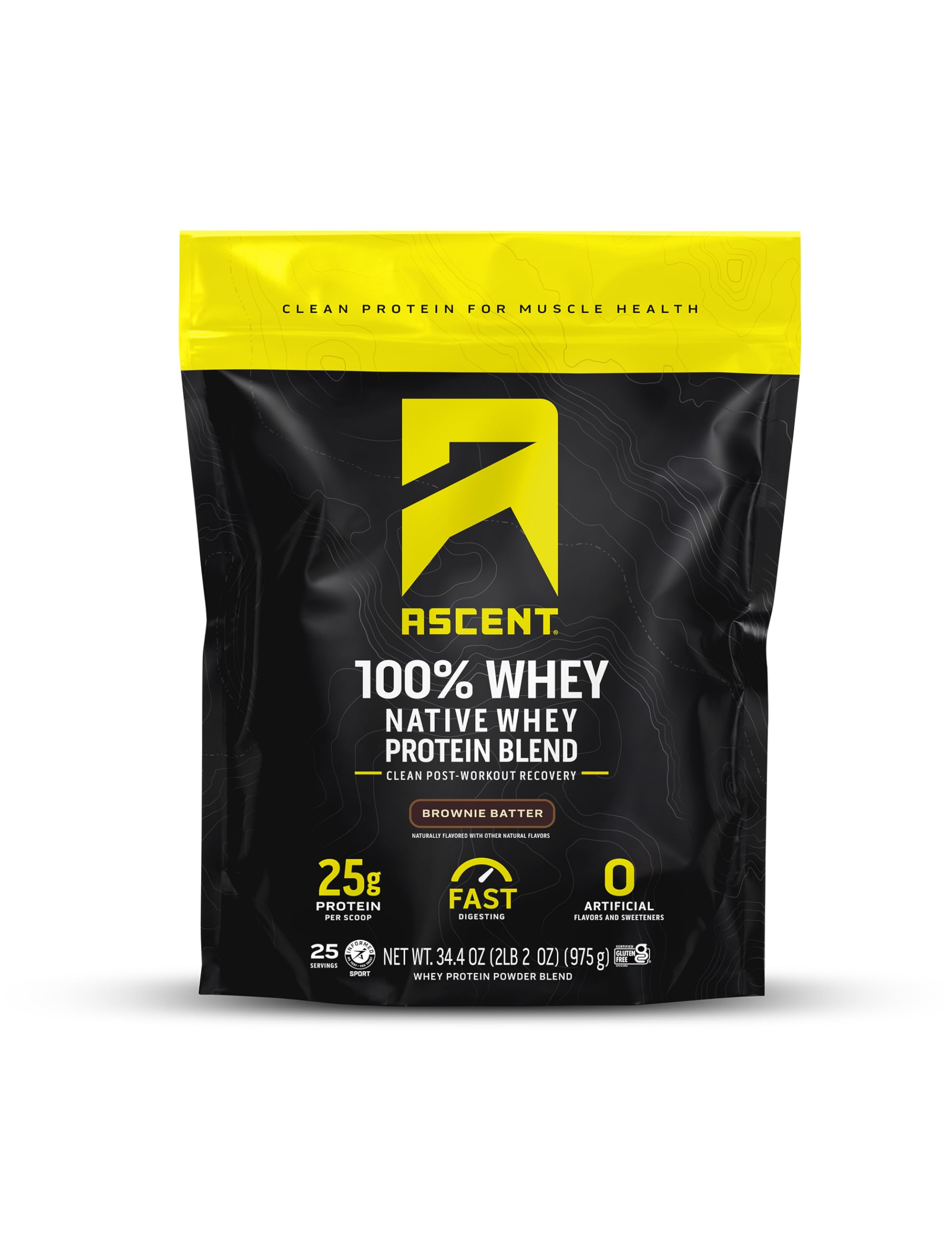 Ascent empaque frontal Brownie Batter mostrando etiqueta y beneficios