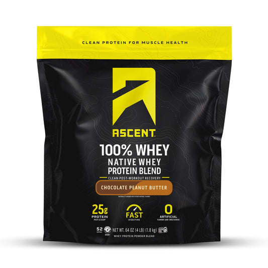 Ascent envase frontal mostrando sabor Chocolate Peanut Butter y claridad de ingredientes