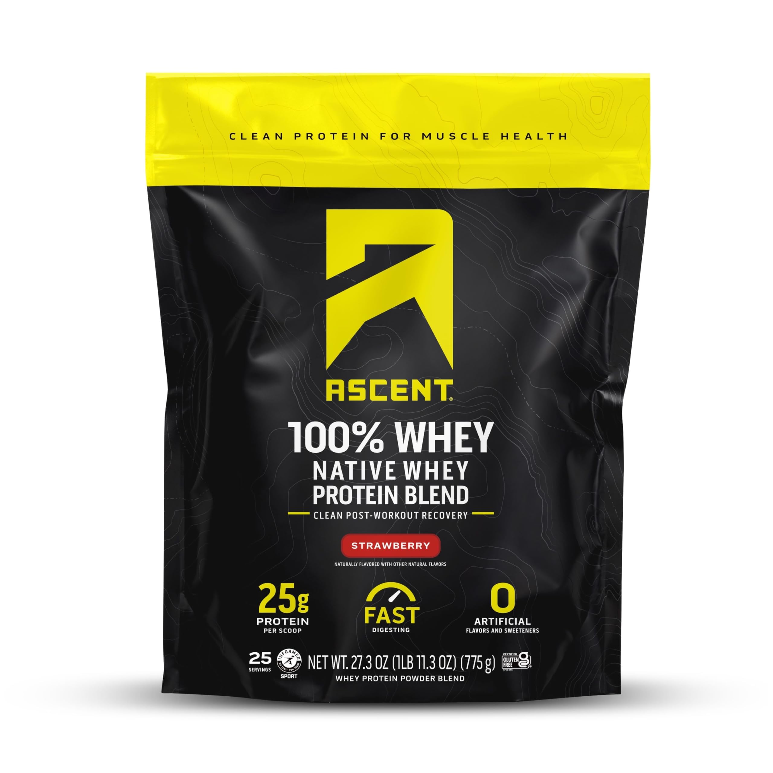 Ascent frasco frontal y etiqueta visible, presentación clara y beneficios de proteína