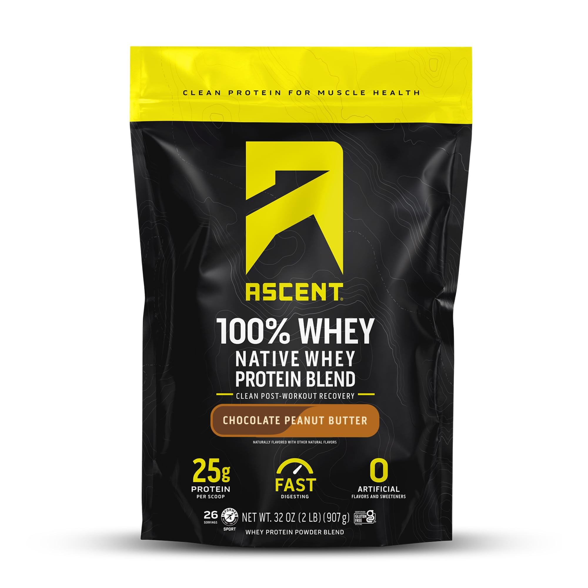 Ascent empaque frontal muestra 2 lb y sabor chocolate peanut butter, conveniencia visual