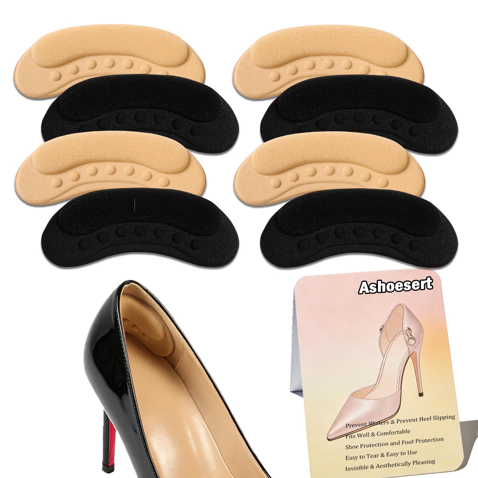 Ashoesert frontal del paquete mostrando las 4 pares y beneficios