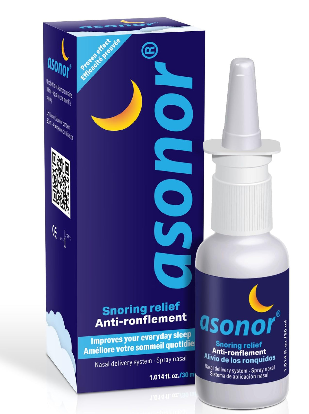 Asonor envase frontal 30ml mostrando etiqueta y tamaño portátil, facilita sueño tranquilo