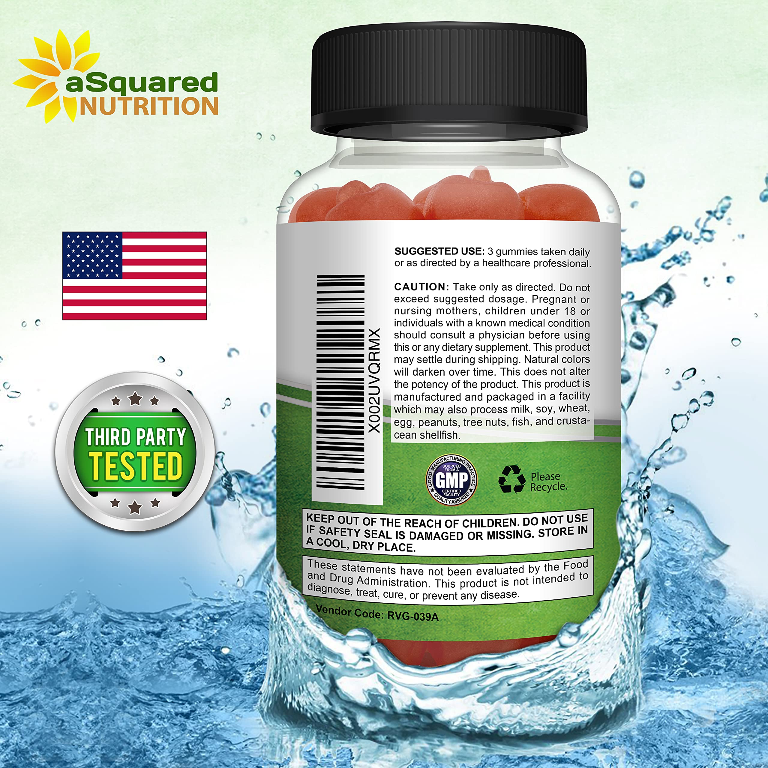 aSquared Nutrition gomita junto a moneda para comparar tamaño y dosificación