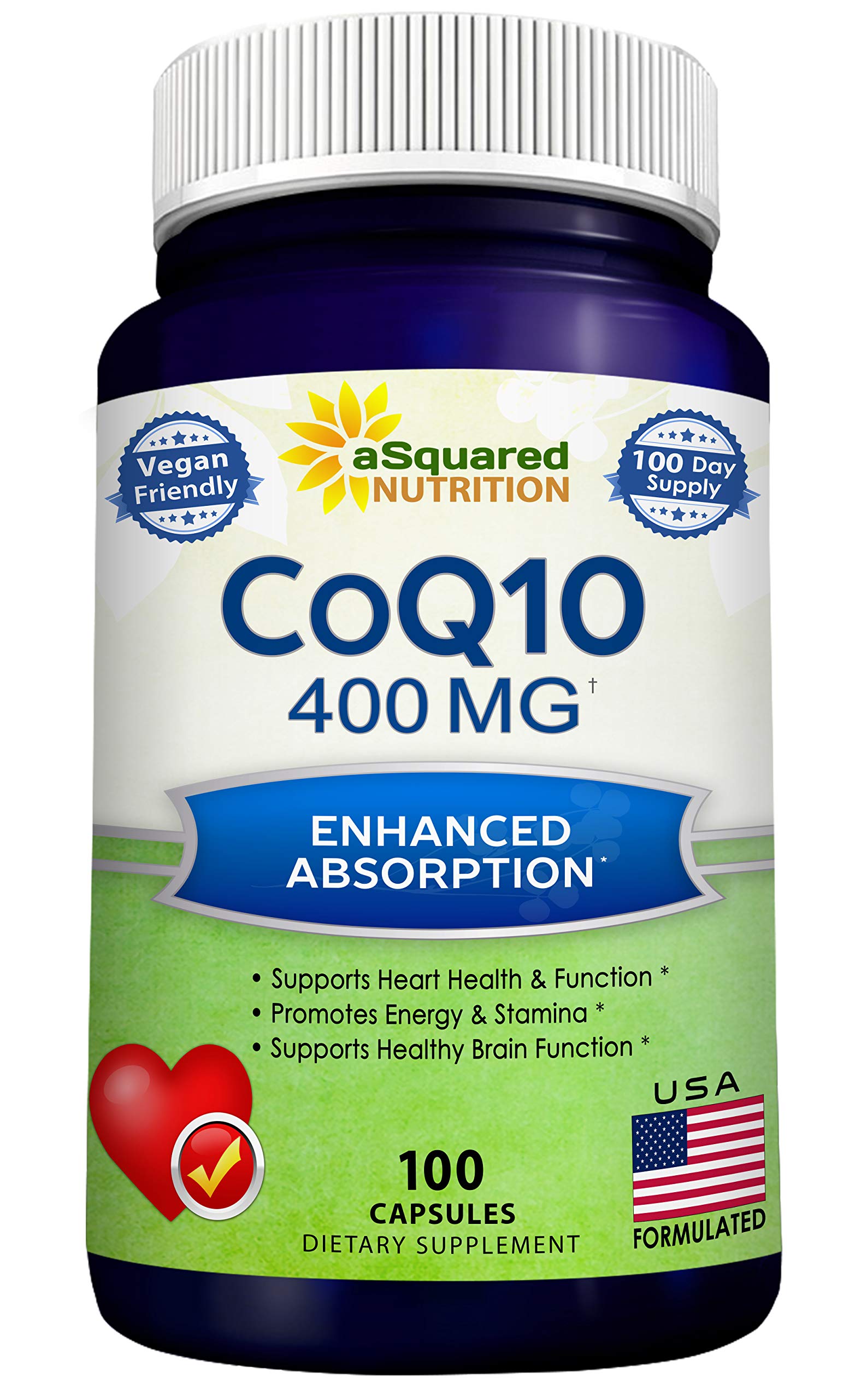 aSquared Nutrition envase frontal CoQ10 vista clara y compacto beneficio suministro prolongado