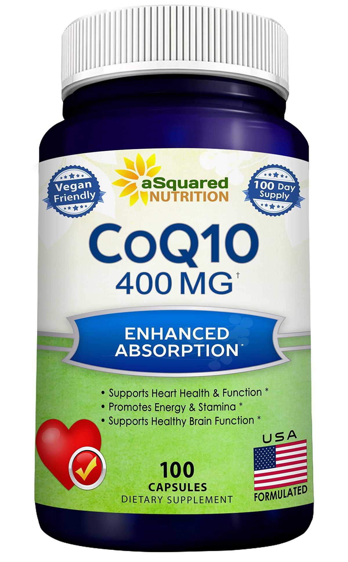 aSquared Nutrition envase frontal CoQ10 vista clara y compacto beneficio suministro prolongado