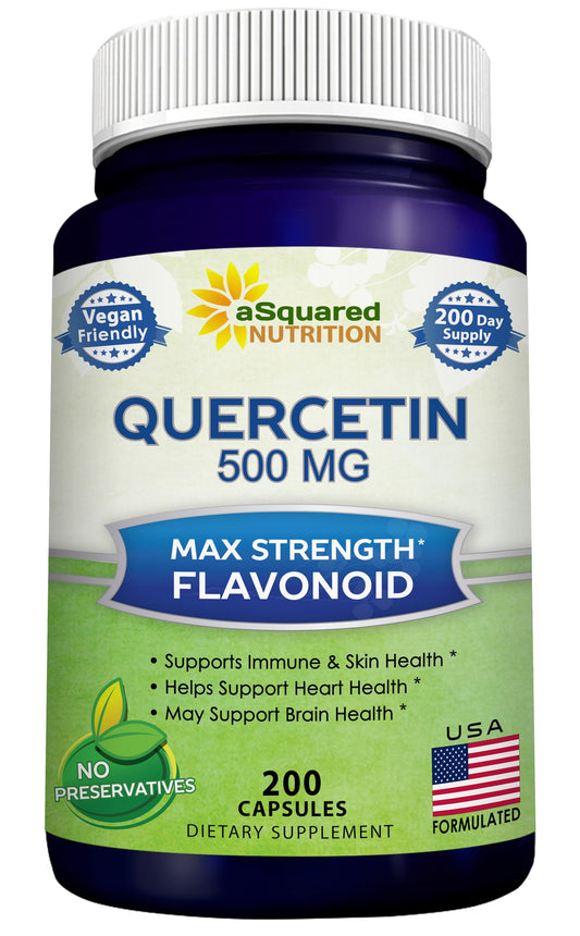 aSquared Nutrition frasco frontal de quercetina 500 mg, presentación clara y beneficios