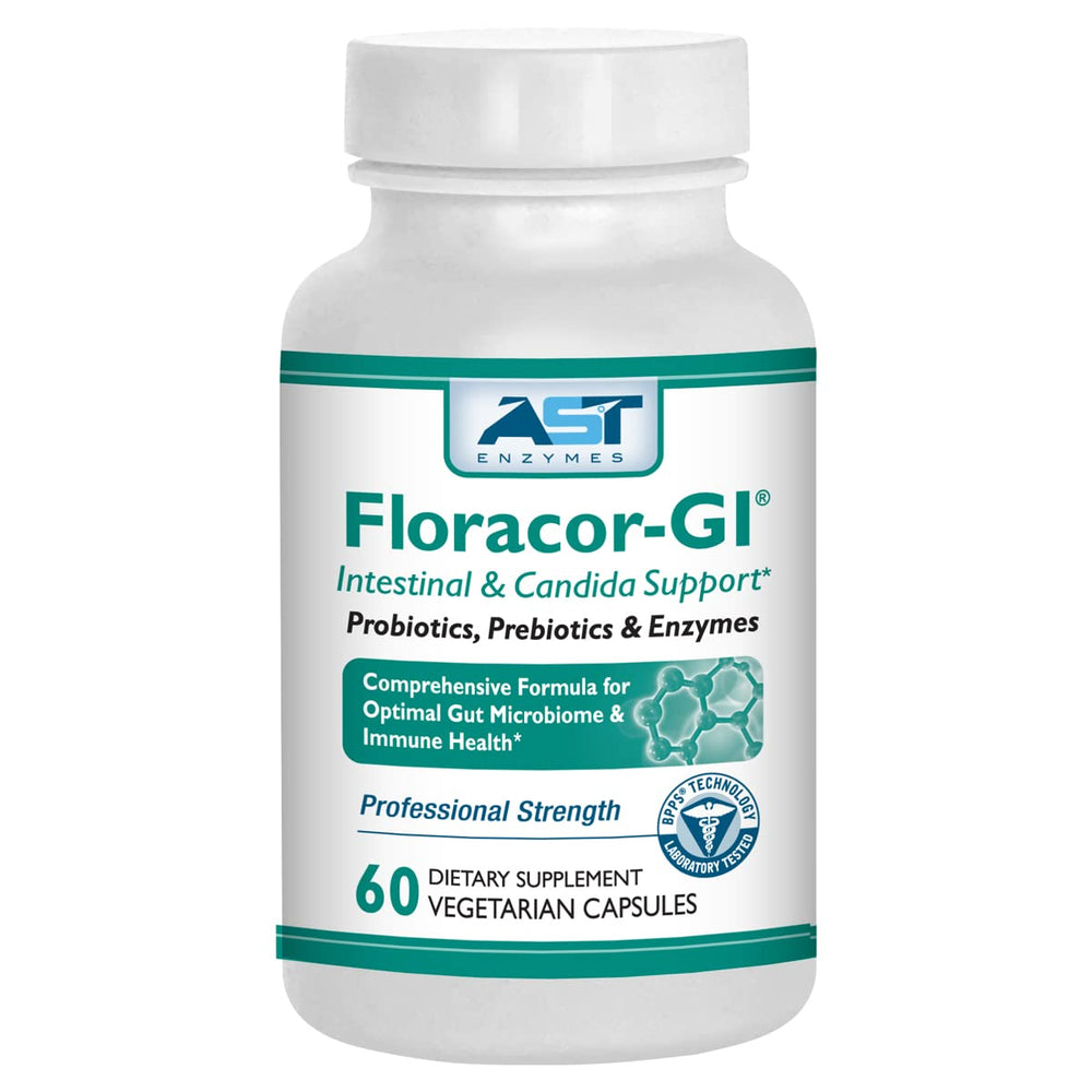 AST Enzymes Floracor frente del empaque mostrando 60 cápsulas y beneficios