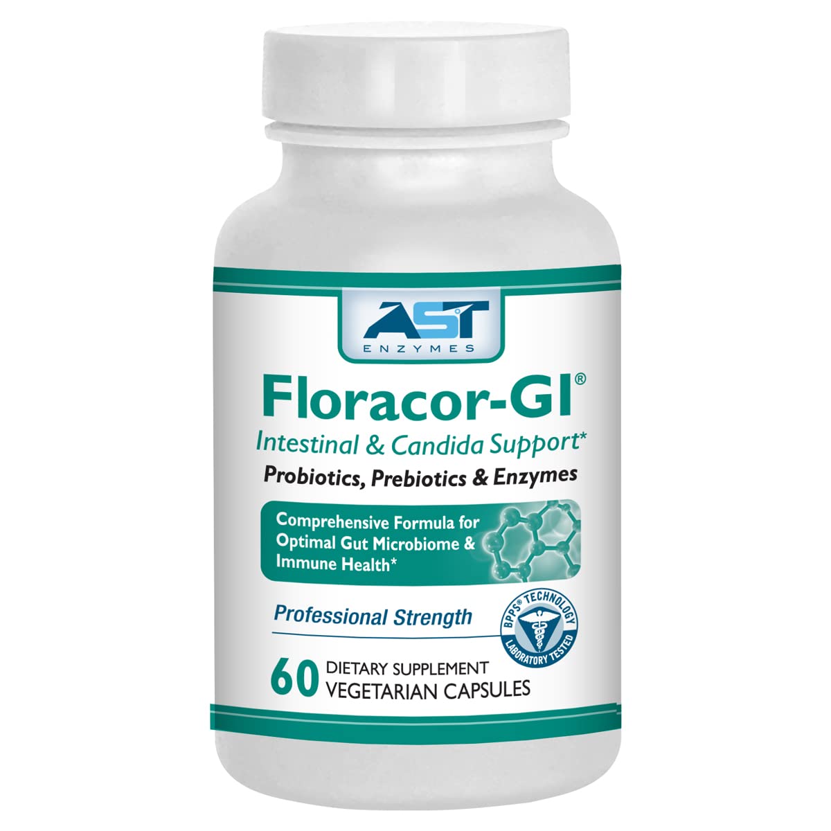 AST Enzymes Floracor frente del empaque mostrando 60 cápsulas y beneficios
