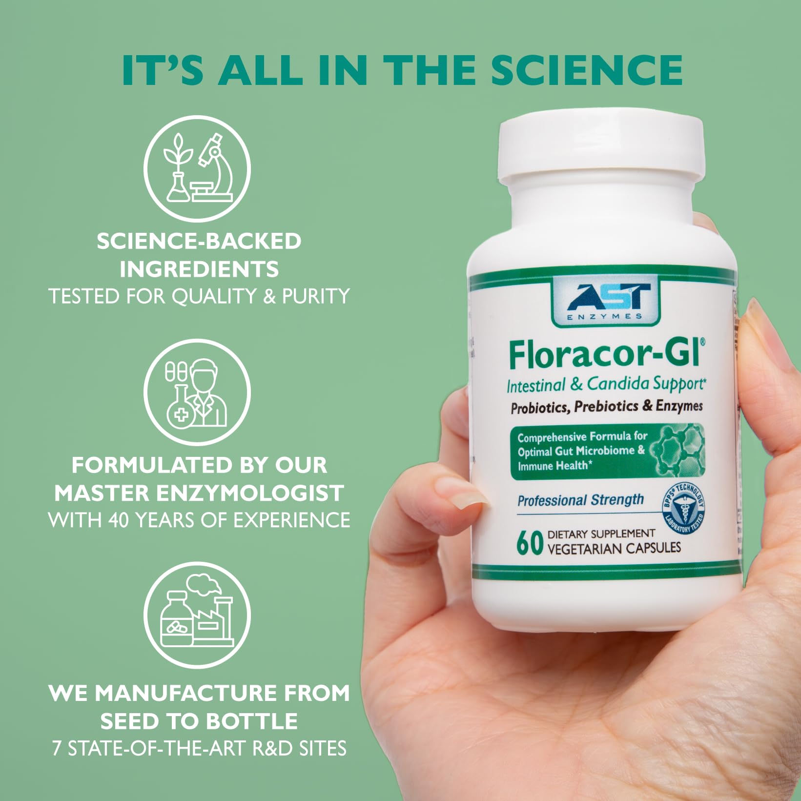 AST Enzymes Floracor fabricación en laboratorio resaltando control de calidad