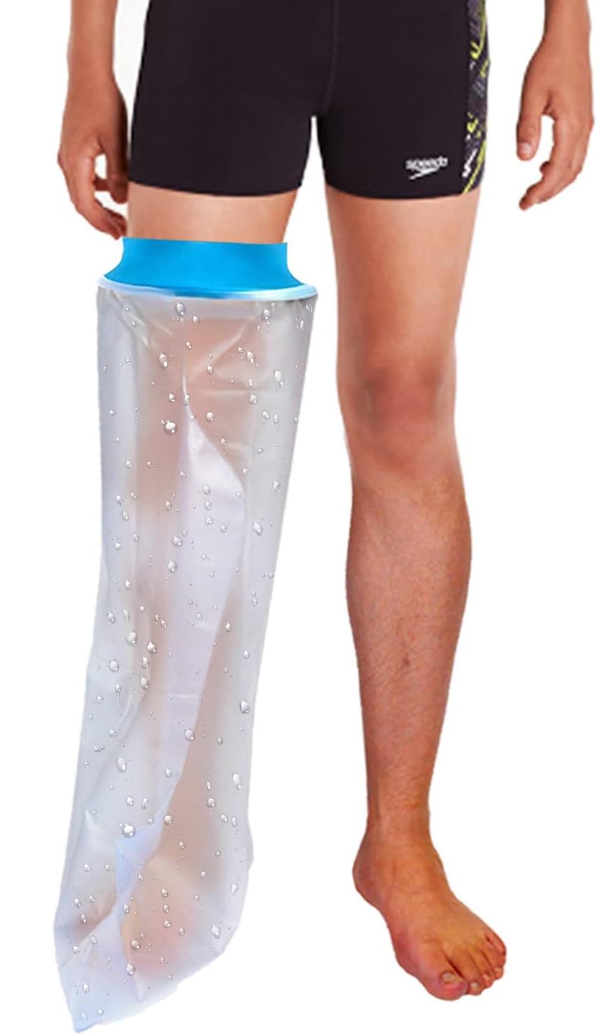 Asunby frente del empaque mostrando protector impermeable para pierna y beneficios