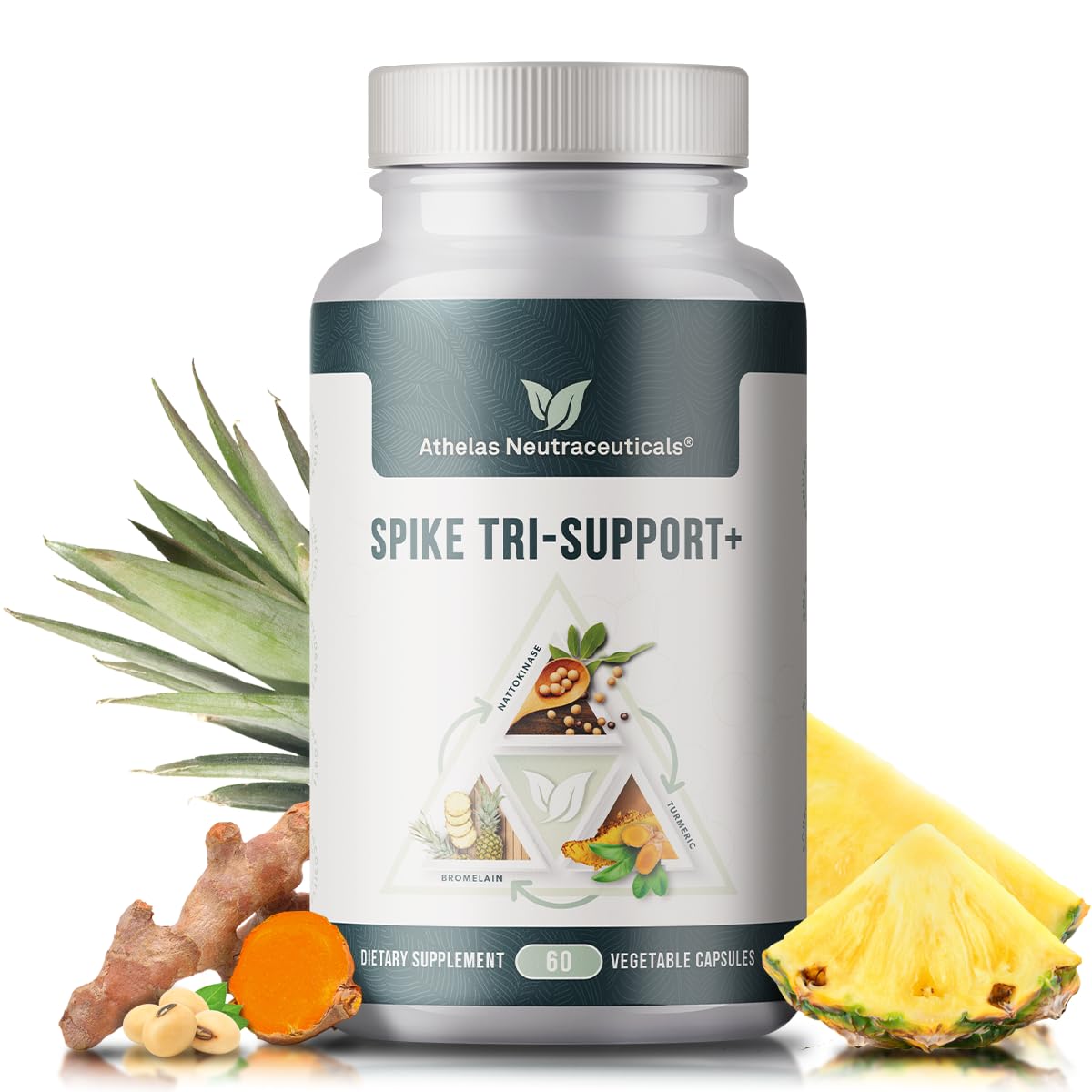 Athelas Neutraceuticals frasco principal de Spike Tri-Support+ mostrando etiqueta clara y beneficios