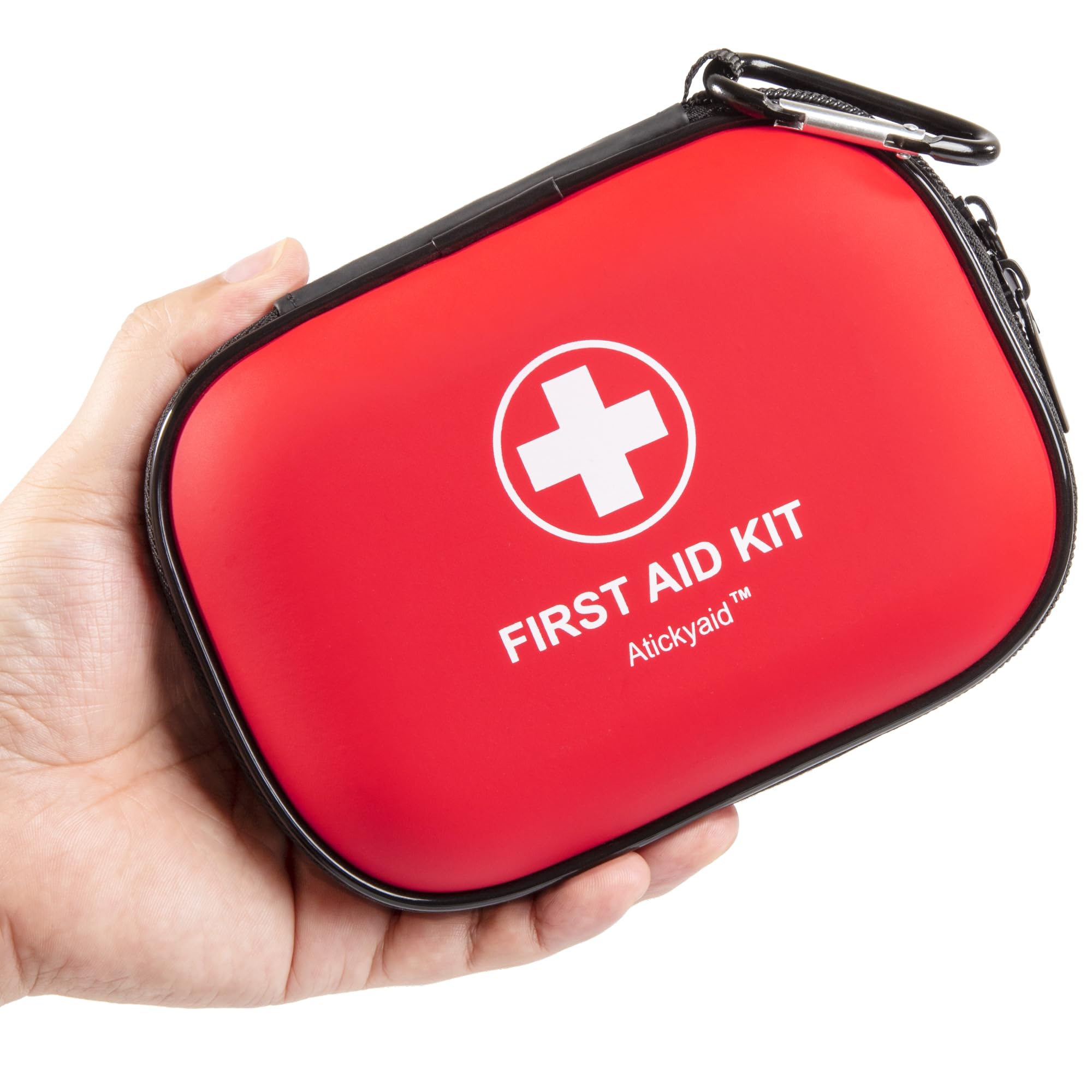 Atickyaid vista frontal del estuche rígido mostrando portabilidad y color rojo