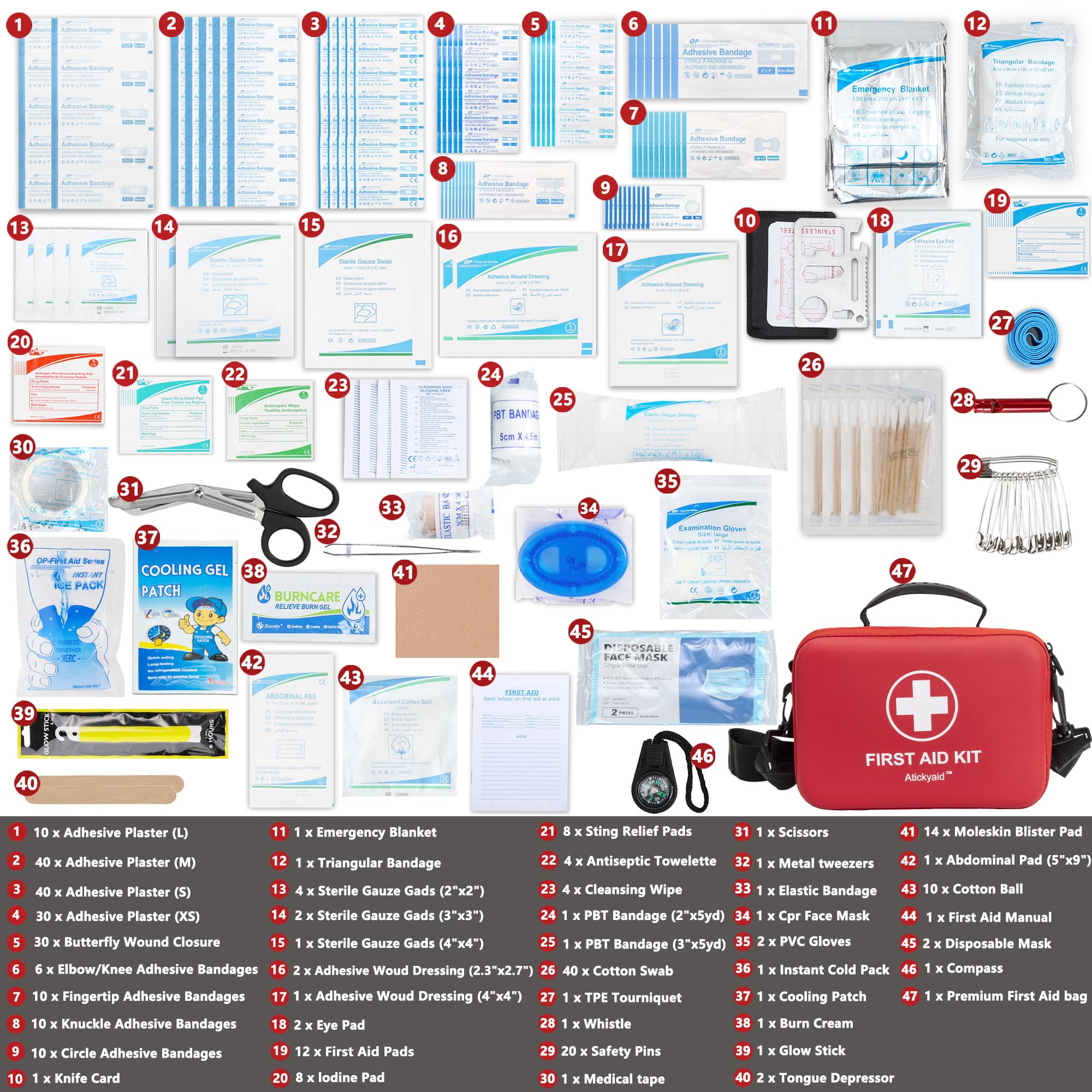 Atickyaid interior organizado con vendajes y herramientas accesibles