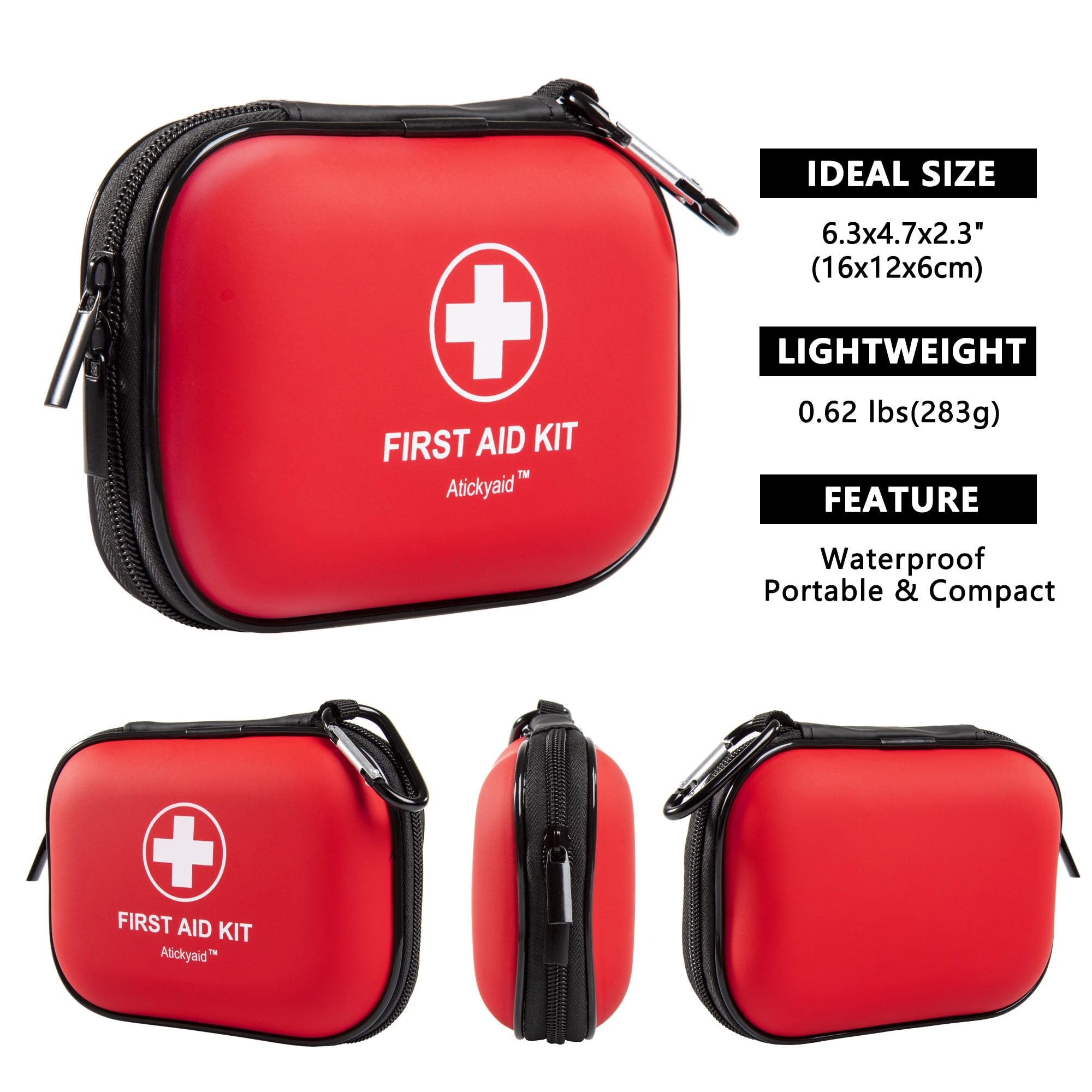 Atickyaid interior organizado con vendajes y gasas listo para emergencias
