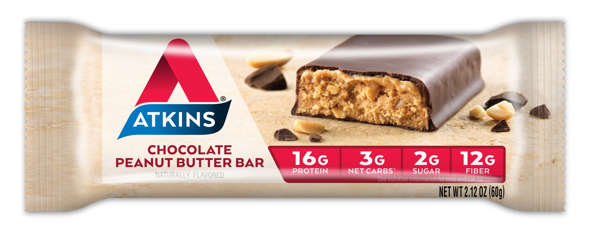 Atkins primer plano interior de la barra mostrando textura masticable y sabor apetitoso