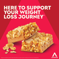 Atkins barra sin envoltorio en mano listada como snack portátil y saciante
