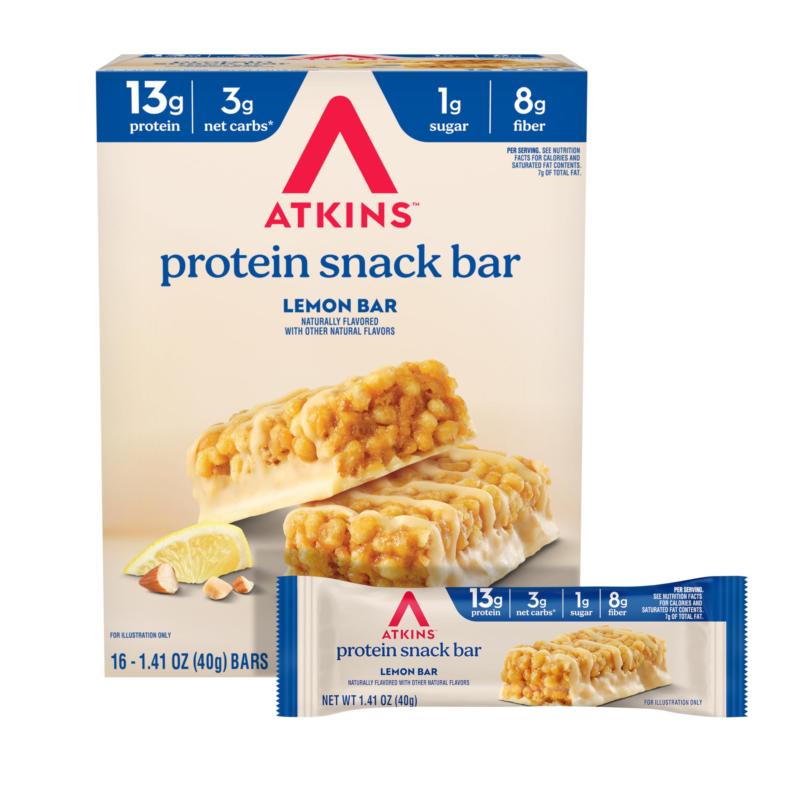 Atkins pack frontal mostrando 16 barritas, práctico para almacenar