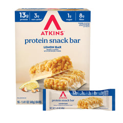 Atkins pack frontal mostrando 16 barritas, práctico para almacenar