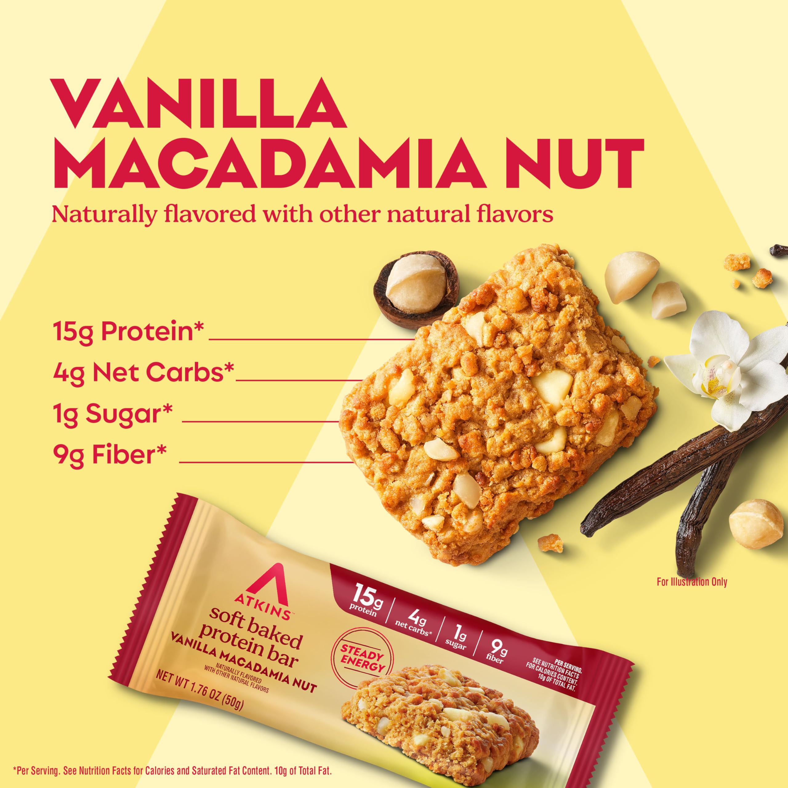 Atkins primer plano de textura blanda y trozos de macadamia, sabor real