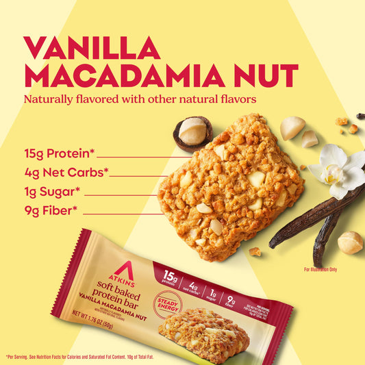 Atkins primer plano de textura blanda y trozos de macadamia, sabor real