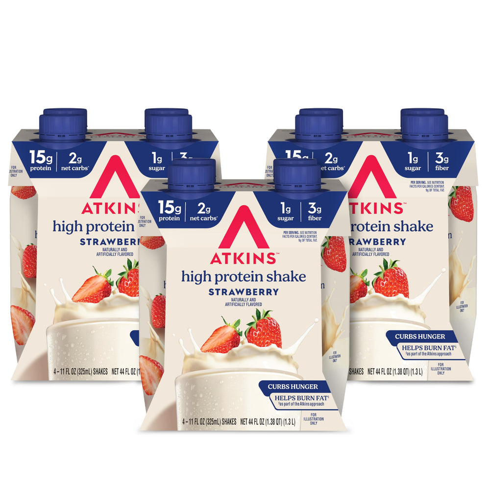 Atkins batido fresa frente mostrando envase y marca, práctico para llevar