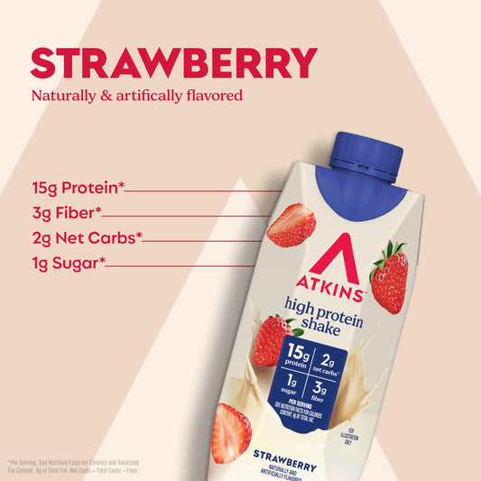 Atkins batido fresa textura detalle crema, demuestra consistencia apetecible