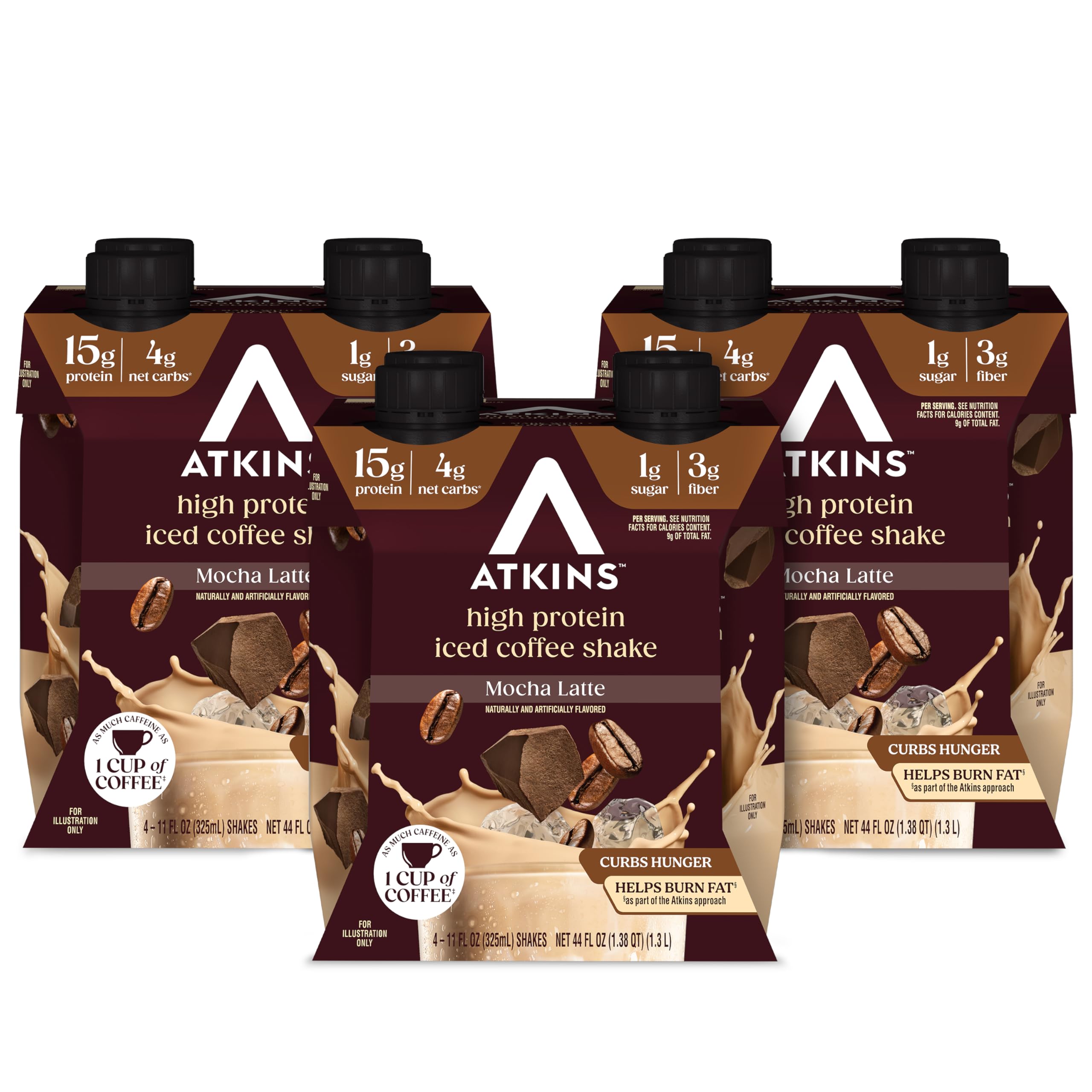 Atkins batido mocha latte frente del envase mostrando etiqueta y beneficios