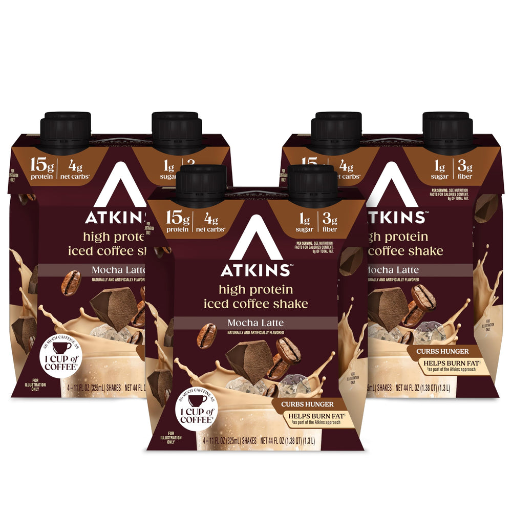 Atkins batido mocha latte frente del envase mostrando etiqueta y beneficios