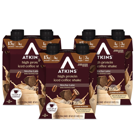 Atkins batido mocha latte frente del envase mostrando etiqueta y beneficios