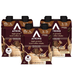 Atkins batido mocha latte frente del envase mostrando etiqueta y beneficios