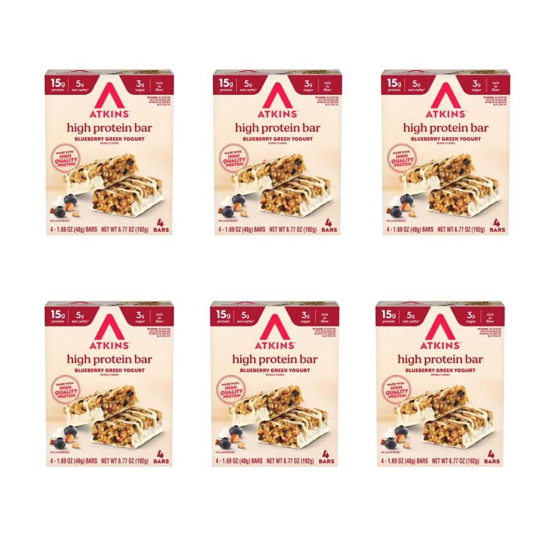 Atkins frente del empaque mostrando sabor blueberry y beneficios proteicos