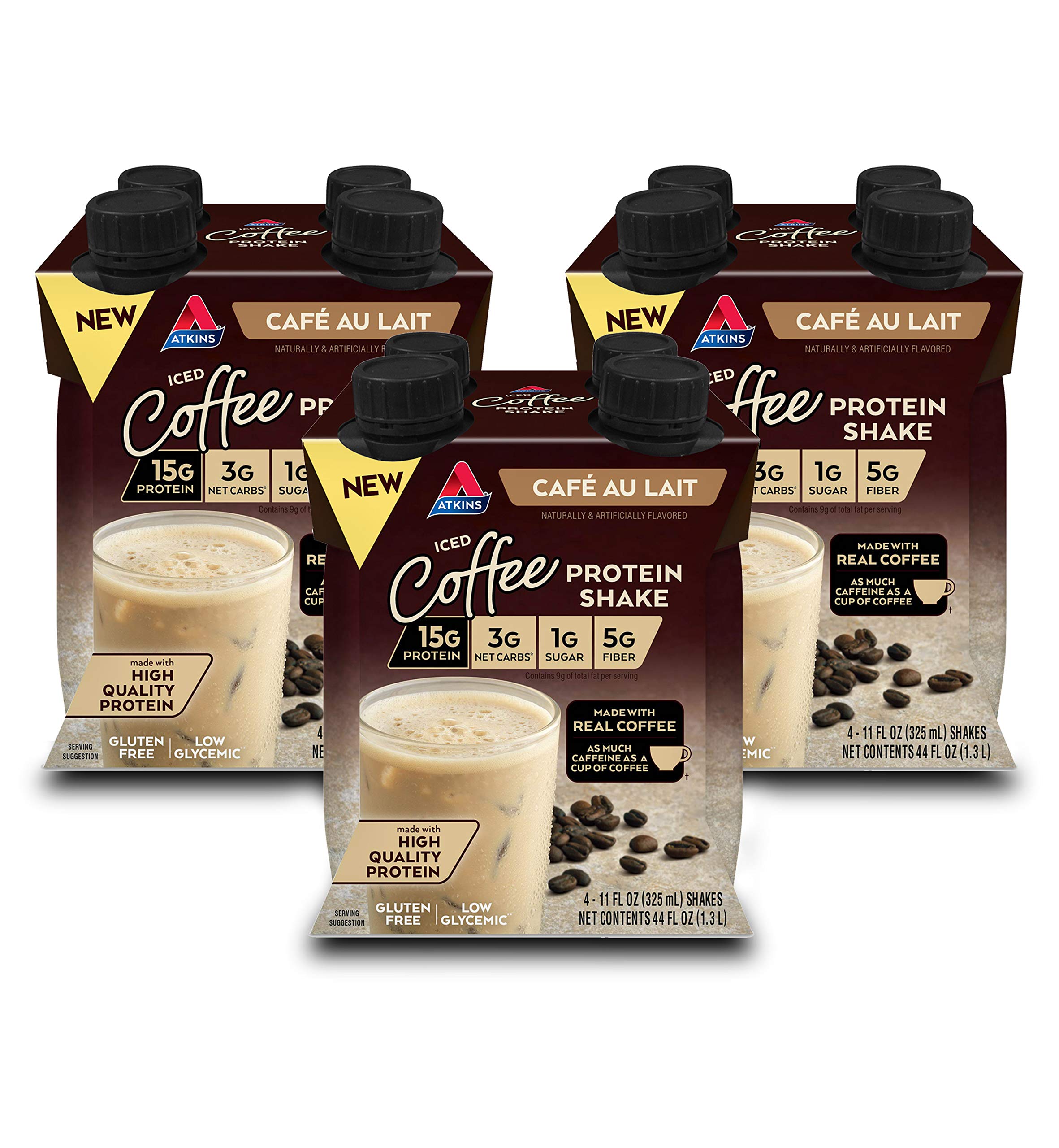 Atkins frente del envase mostrando sabor café au lait y beneficios de proteína