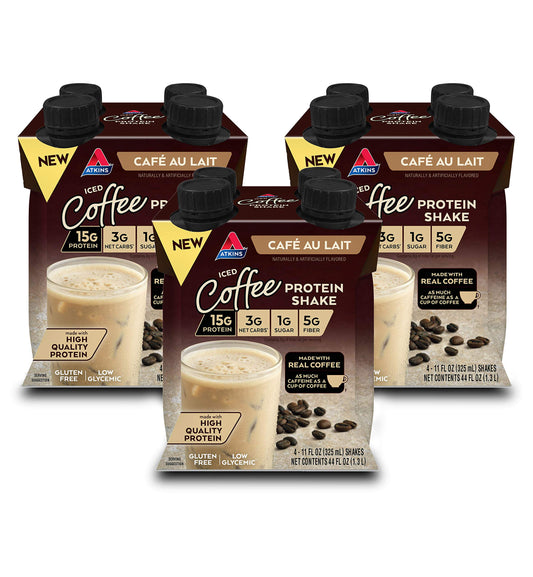 Atkins frente del envase mostrando sabor café au lait y beneficios de proteína