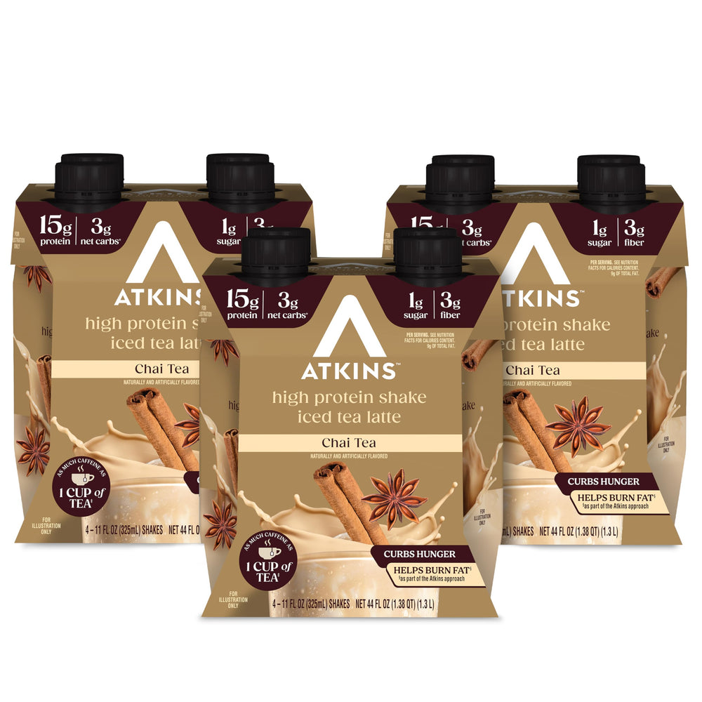 Atkins envase frontal de Chai Tea Latte mostrando aspecto apetitoso y conveniencia