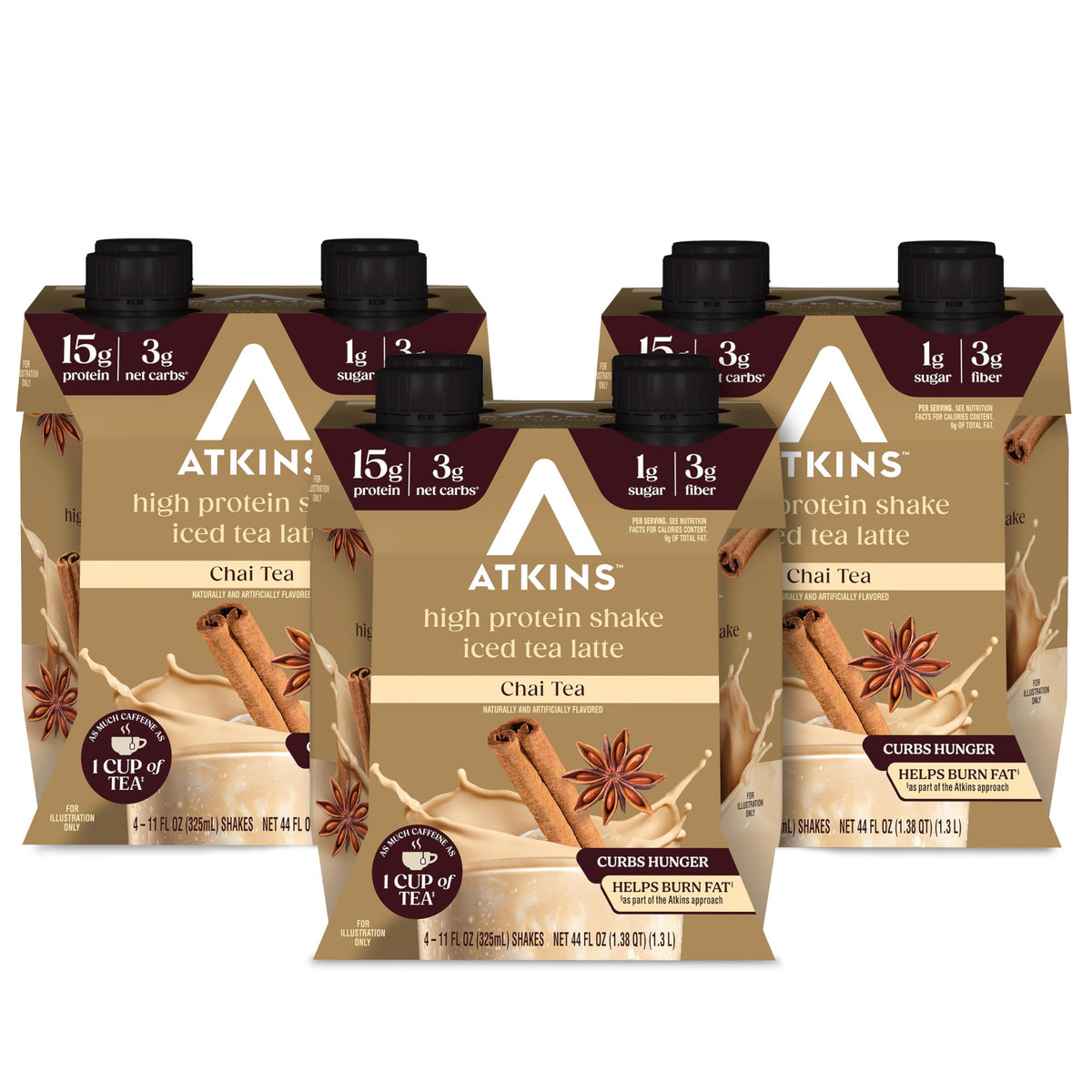 Atkins envase frontal de Chai Tea Latte mostrando aspecto apetitoso y conveniencia