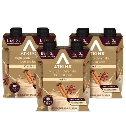 Atkins envase frontal de Chai Tea Latte mostrando aspecto apetitoso y conveniencia