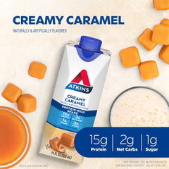Atkins envase en primer plano destacando sabor cremoso y práctico