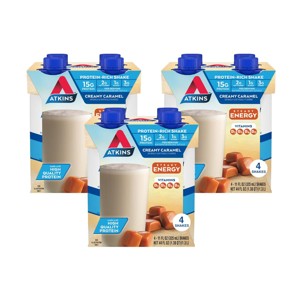 Atkins pack frontal mostrando 12 botellas y conveniencia inmediata