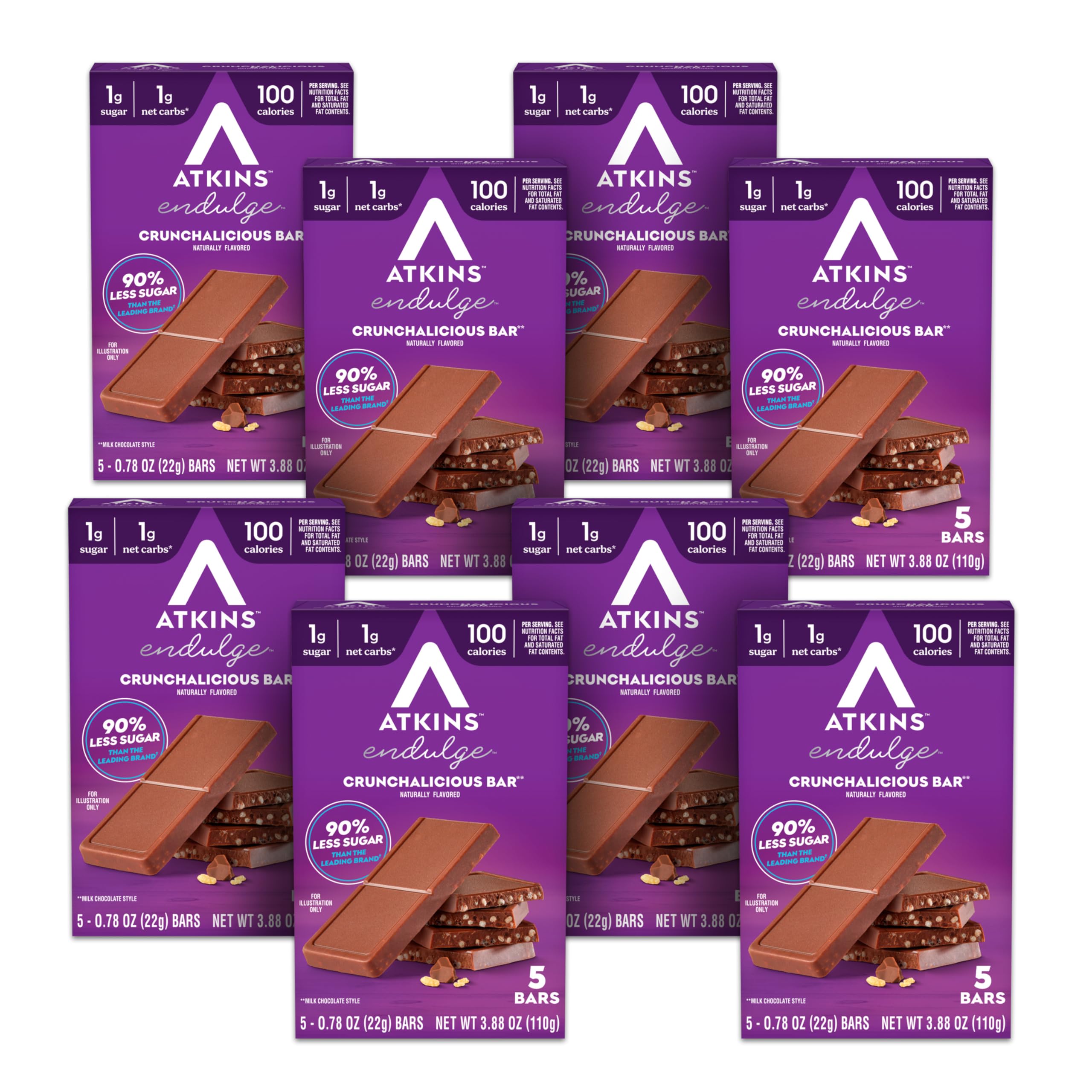 Atkins Endulge frente del paquete muestra 40 barras, ideal para almacenamiento y uso prolongado