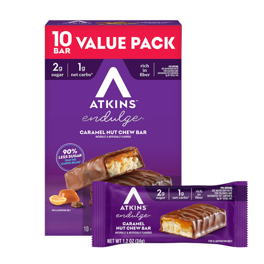 Atkins caja frontal mostrando 10 barritas, ideal para almacenamiento