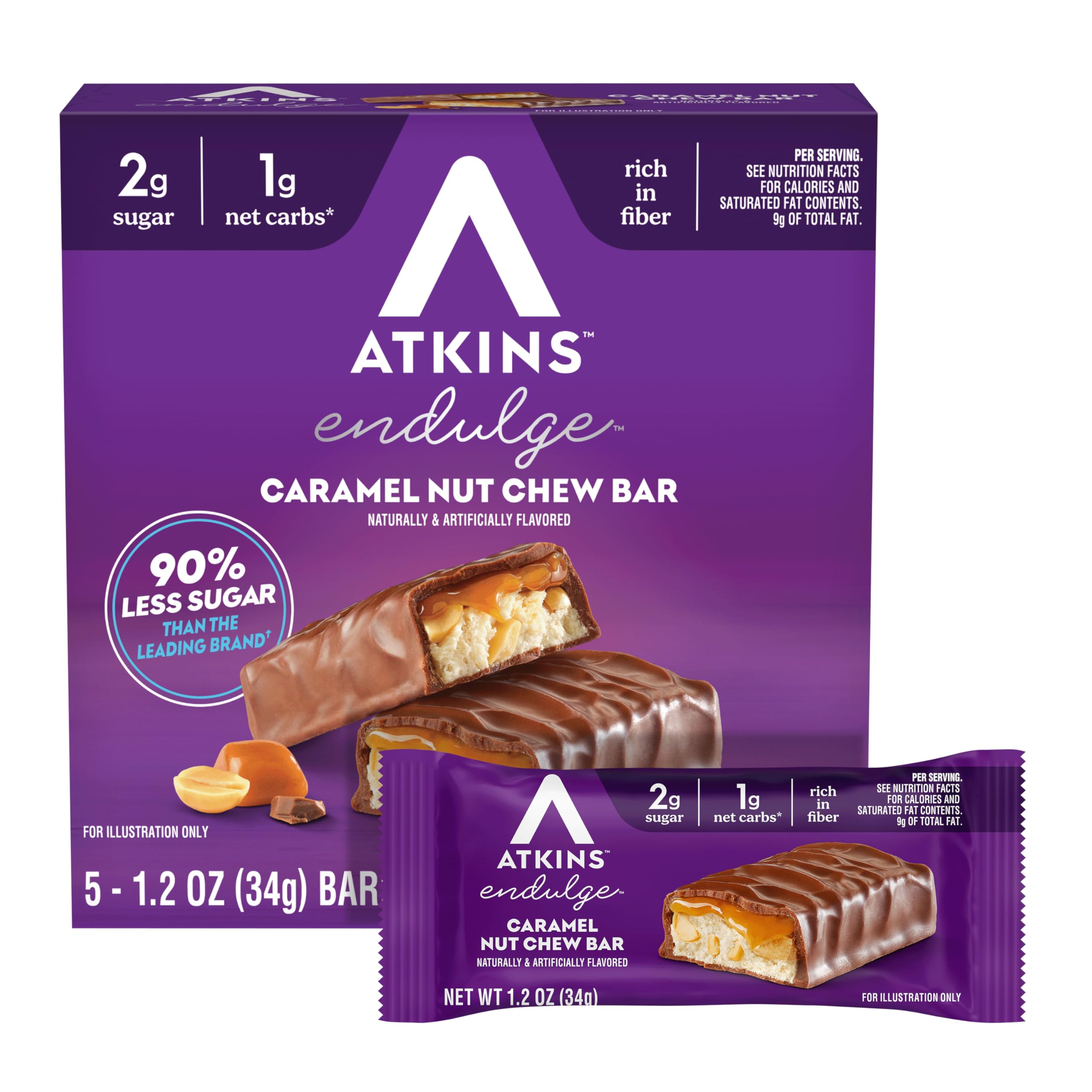 Atkins empaque frontal mostrando caja de 5 barras para conveniencia