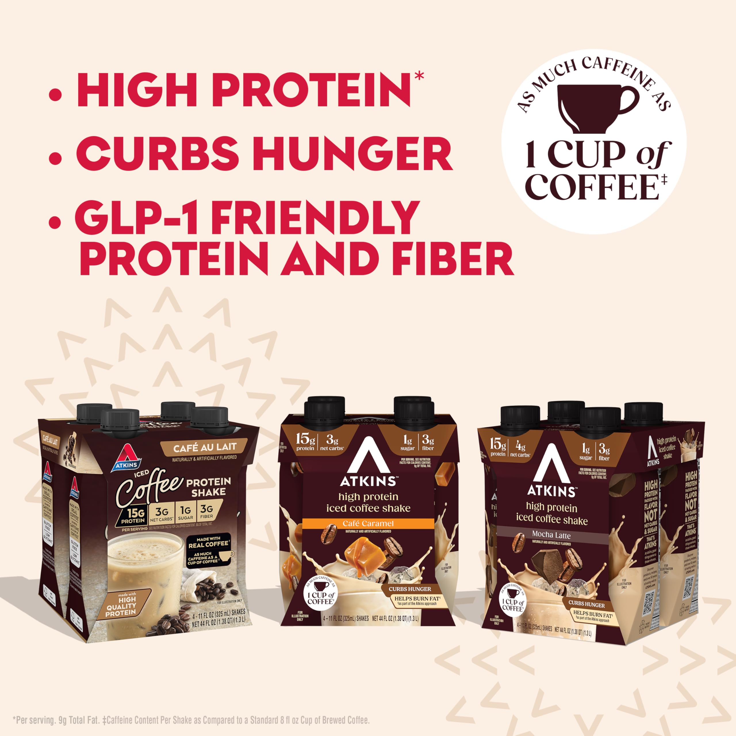 Atkins etiqueta nutricional resaltando 15 g proteína y bajo carbohidrato