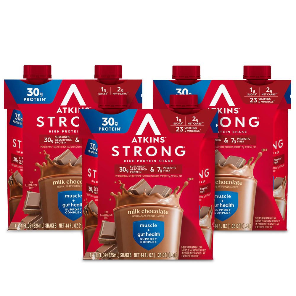 Atkins botella frontal sabor chocolate con leche mostrando diseño y conveniencia