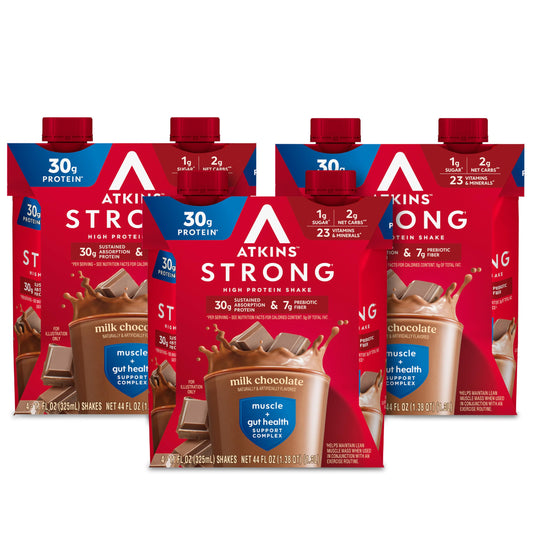 Atkins botella frontal sabor chocolate con leche mostrando diseño y conveniencia