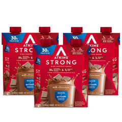 Atkins botella frontal sabor chocolate con leche mostrando diseño y conveniencia