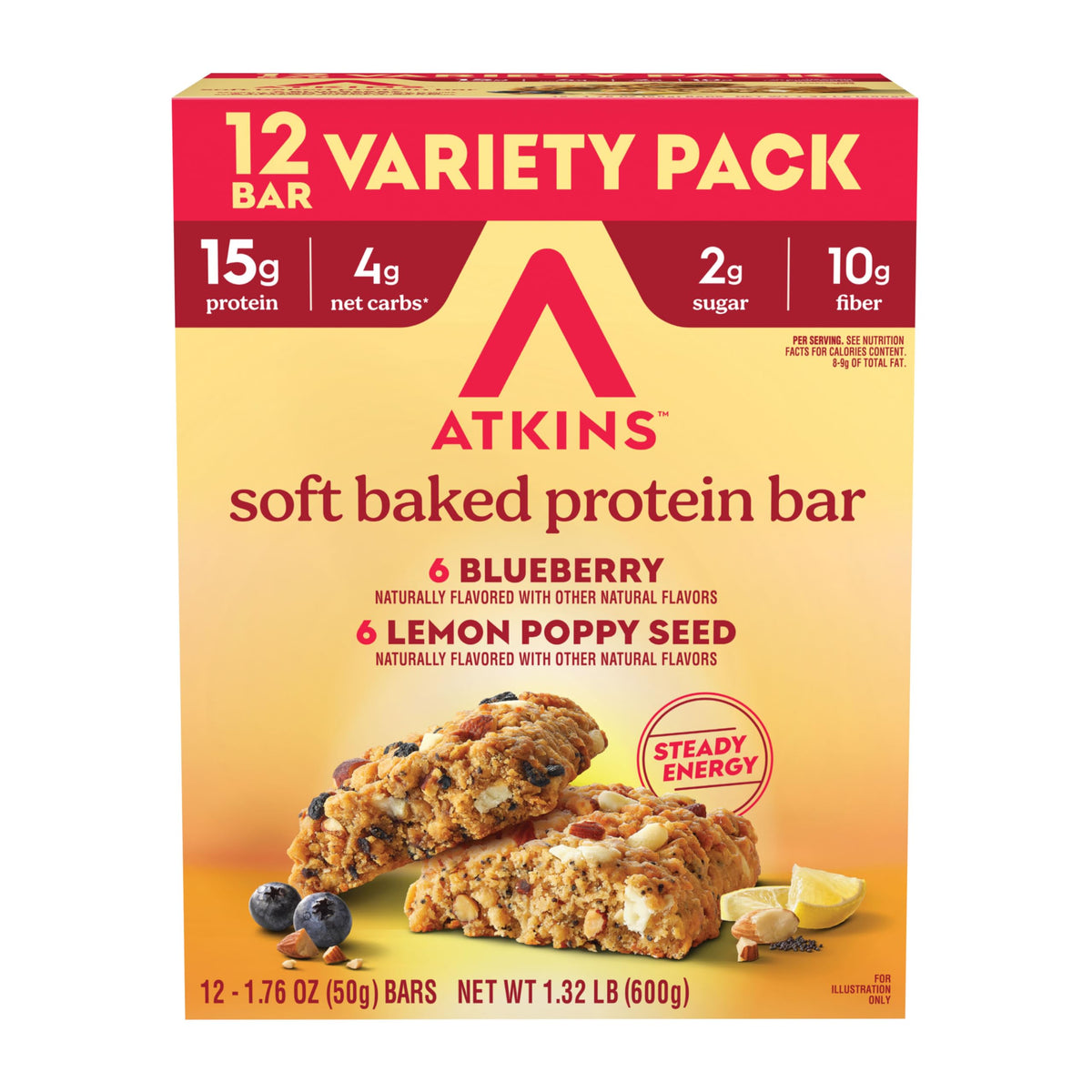 Atkins empaque frontal limón y arándano mostrando variedad y conveniencia