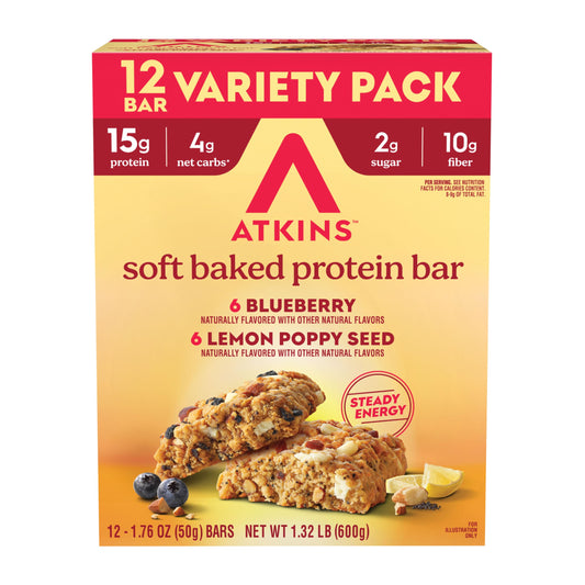 Atkins empaque frontal limón y arándano mostrando variedad y conveniencia