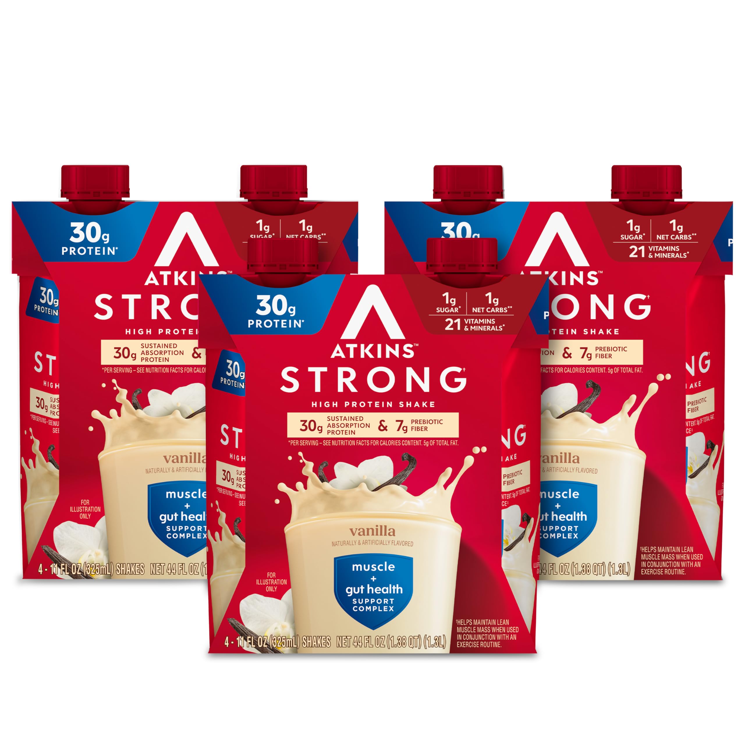 Atkins envase frontal sabor vainilla mostrando marca y beneficio alto en proteína
